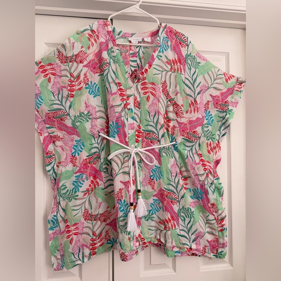 100% Linen Cynthia Rowley Multicolor Tropical Kimono Beach Pool cover up - Picture 2 of 9